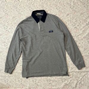 L.L. Bean Mens Rugby Medium Heather Gray Polo Collar Buttons Long Sleeve